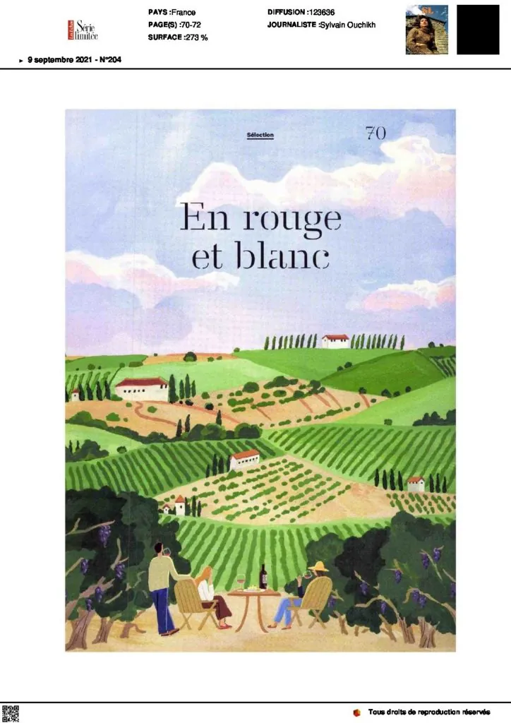 Première page de l’article « En rouge et blanc » : des amis trinquent face aux vignes