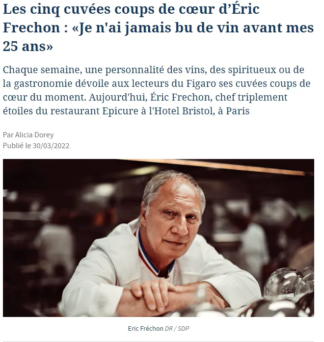 Début de l’article du Figaro Vin, avec le portrait d’Éric Frechon en cuisine
