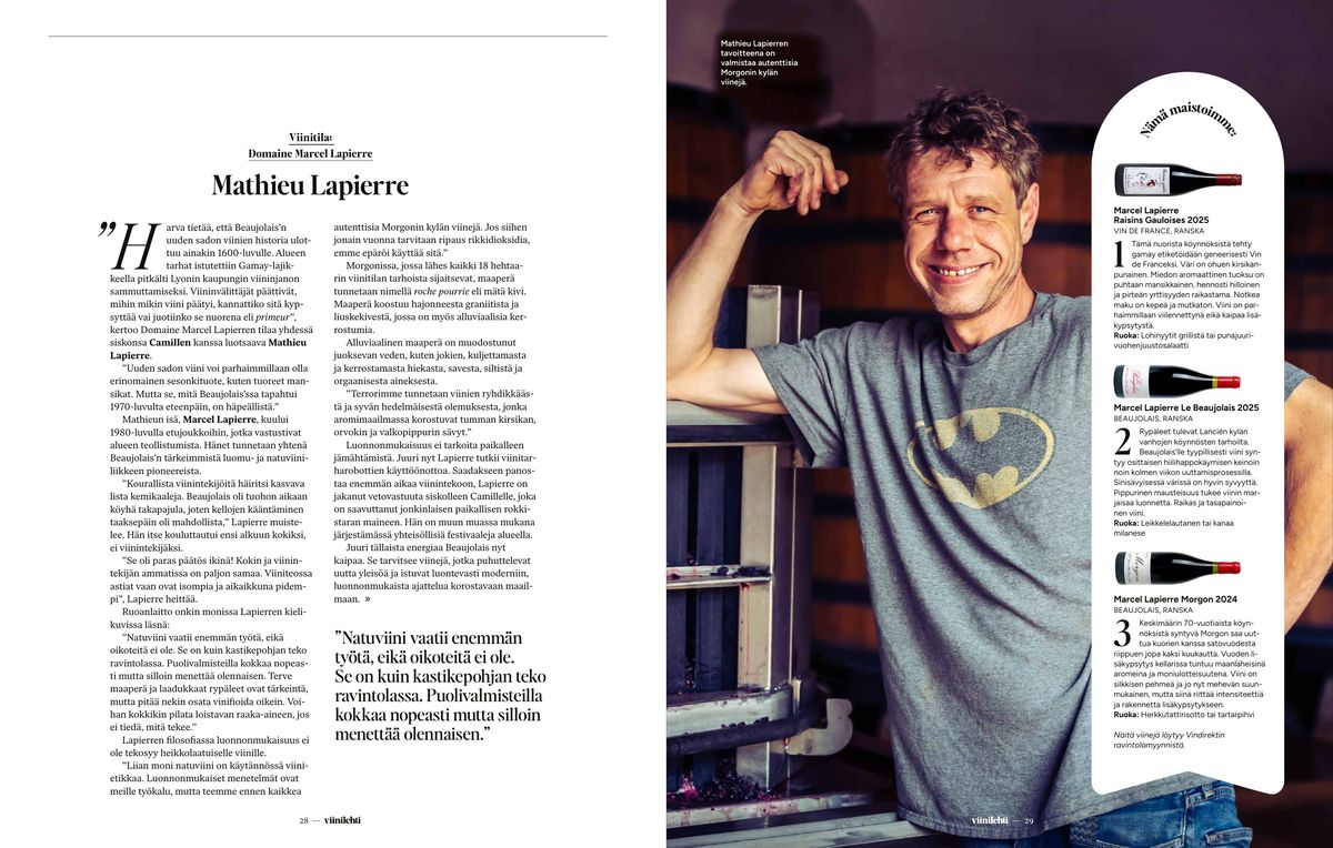 Double page consacrée à Mathieu Lapierre et à trois vins du domaine, Viinilehti